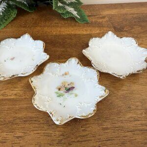 Victorian Milk Glass Trinket Dishes Hand‎ Painted Floral Embossed Leaf Motif